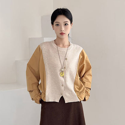 Fashion Color-block Knit Button-up Crewneck Shirt for WomenPlus SizeStyleAutumn New Arrival
