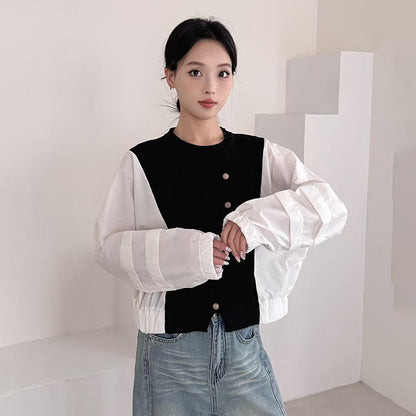 Fashion Color-block Knit Button-up Crewneck Shirt for WomenPlus SizeStyleAutumn New Arrival