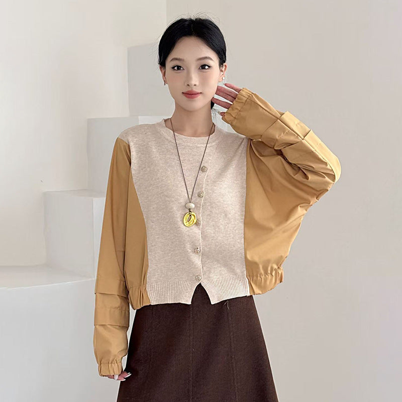 Fashion Color-block Knit Button-up Crewneck Shirt for WomenPlus SizeStyleAutumn New Arrival
