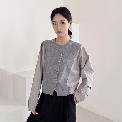 Fashion Color-block Knit Button-up Crewneck Shirt for WomenPlus SizeStyleAutumn New Arrival